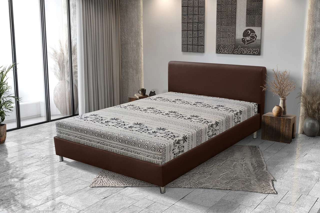 Elefántos Franciaágy barna bőr és elefánt mintás szövet