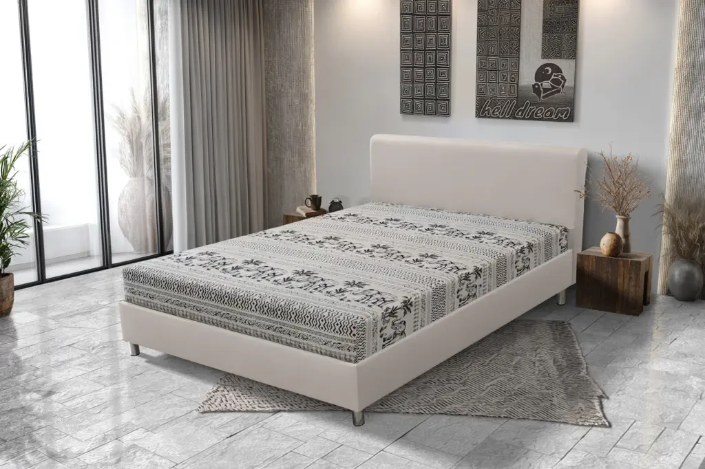 Elefántos Franciaágy bézs bőr és elefánt mintás szövet