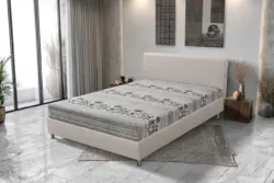 Elefántos Franciaágy bézs bőr és elefánt mintás szövet