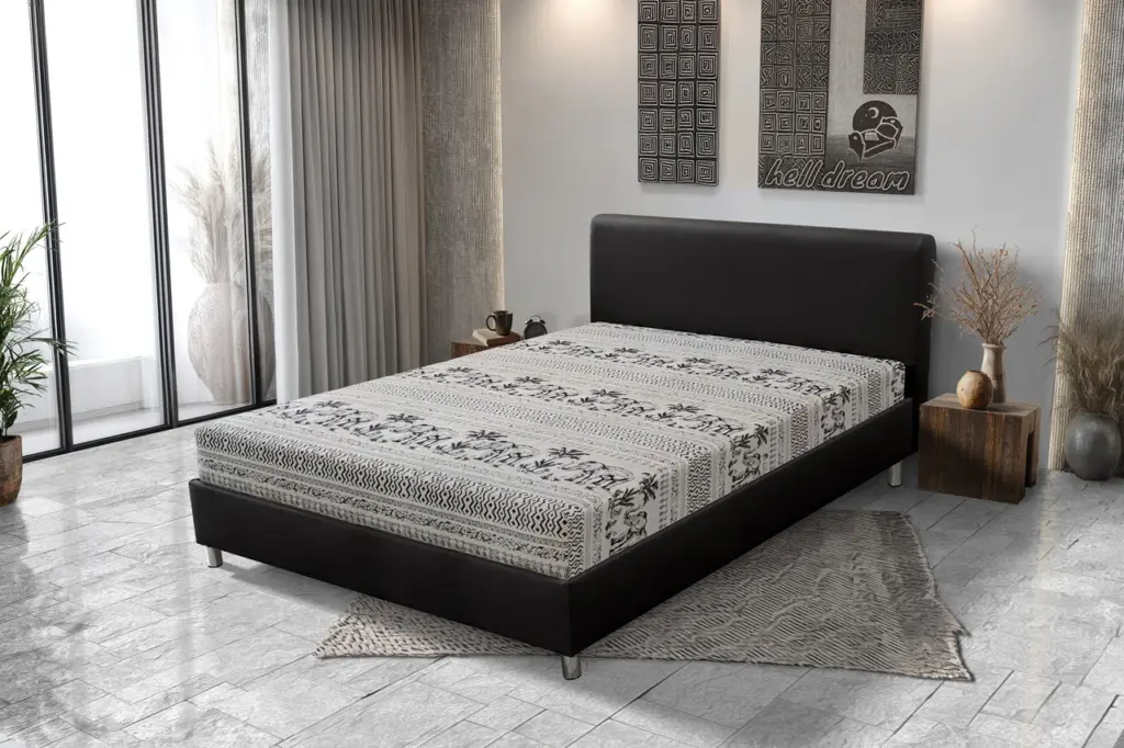 Elefántos Franciaágy fekete bőr és elefánt mintás szövet