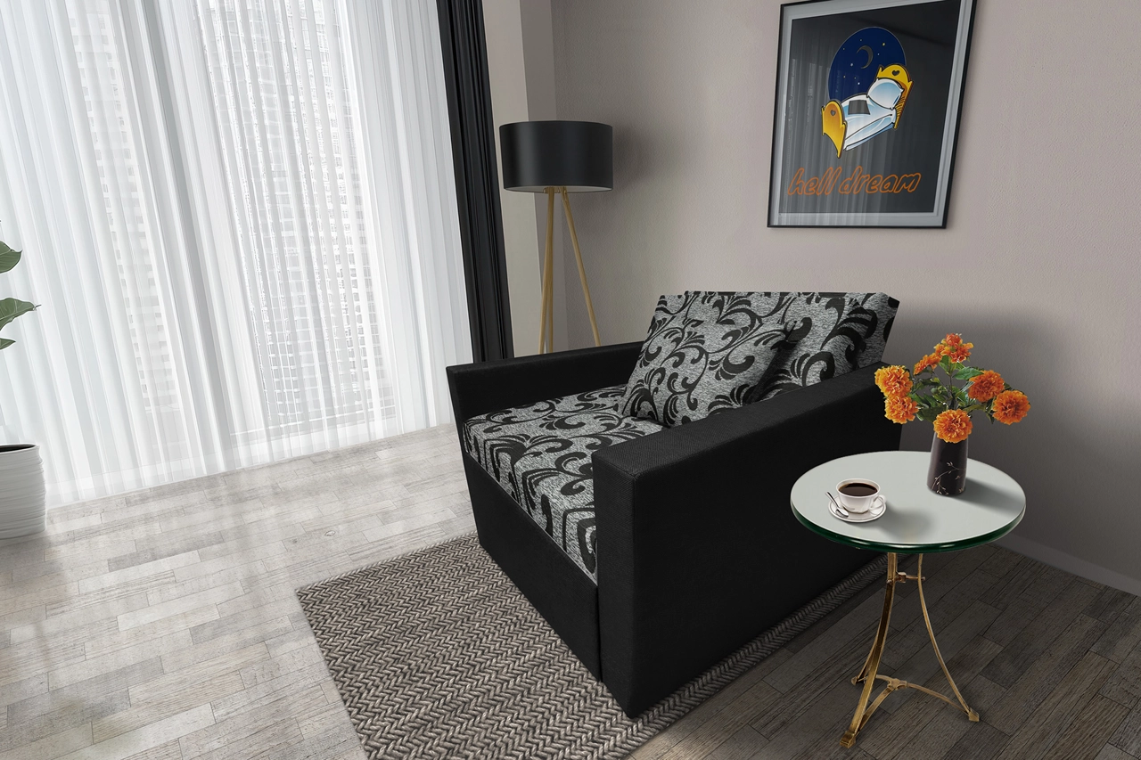 Fábia ágyneműtartós fotelágy fekete szövet fábia minta