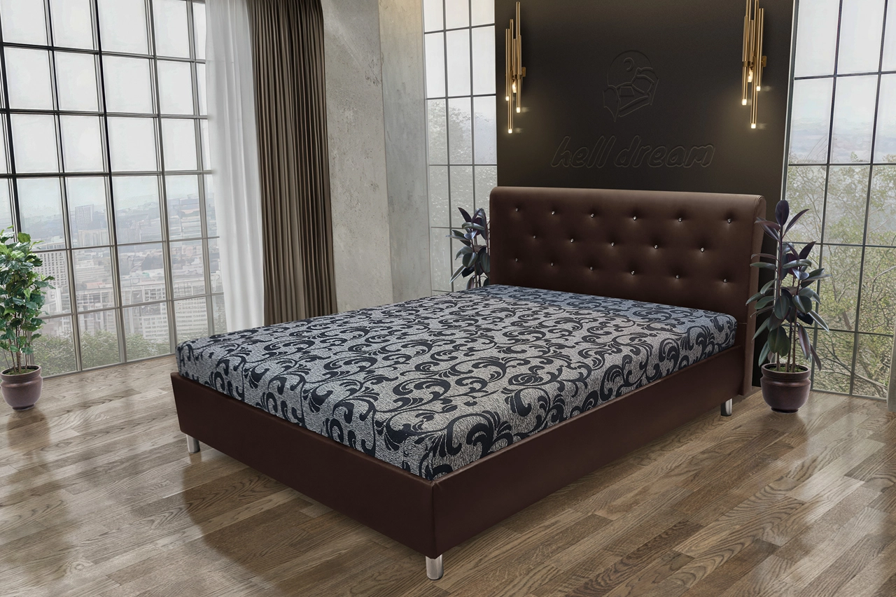 Gyémánt franciaágy barna bőr és fabia mintás szövet