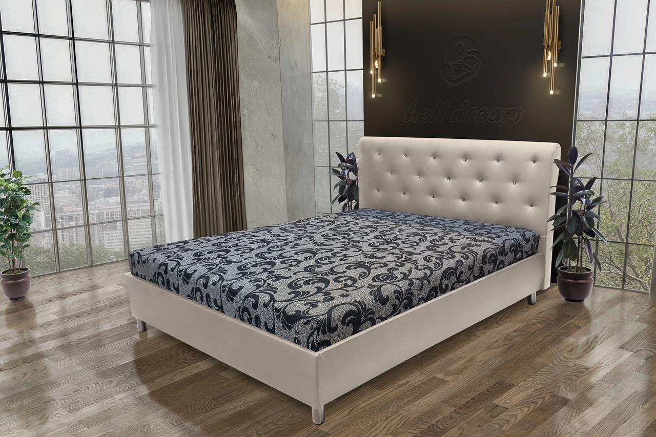 Gyémánt franciaágy bézs bőr és fabia mintás szövet