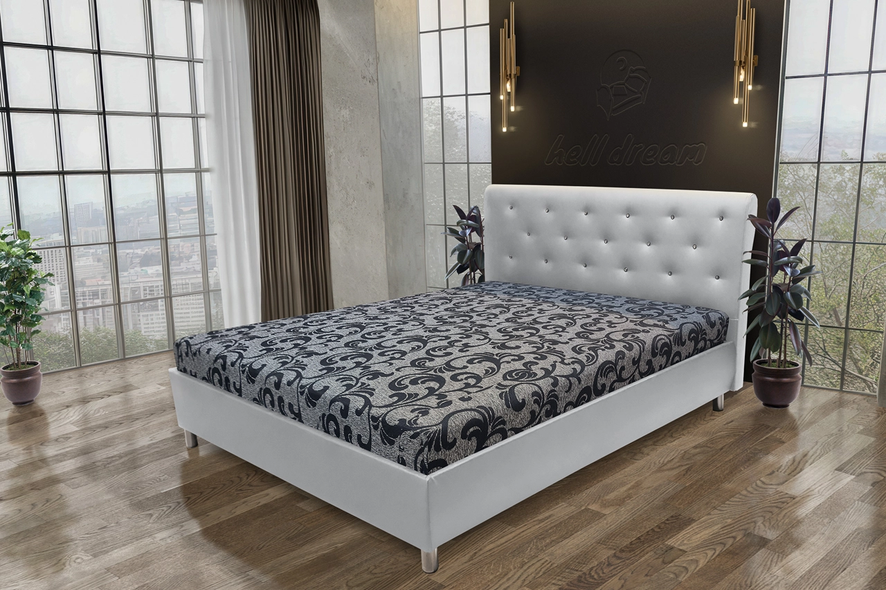 Gyémánt franciaágy fehér bőr és fabia mintás szövet