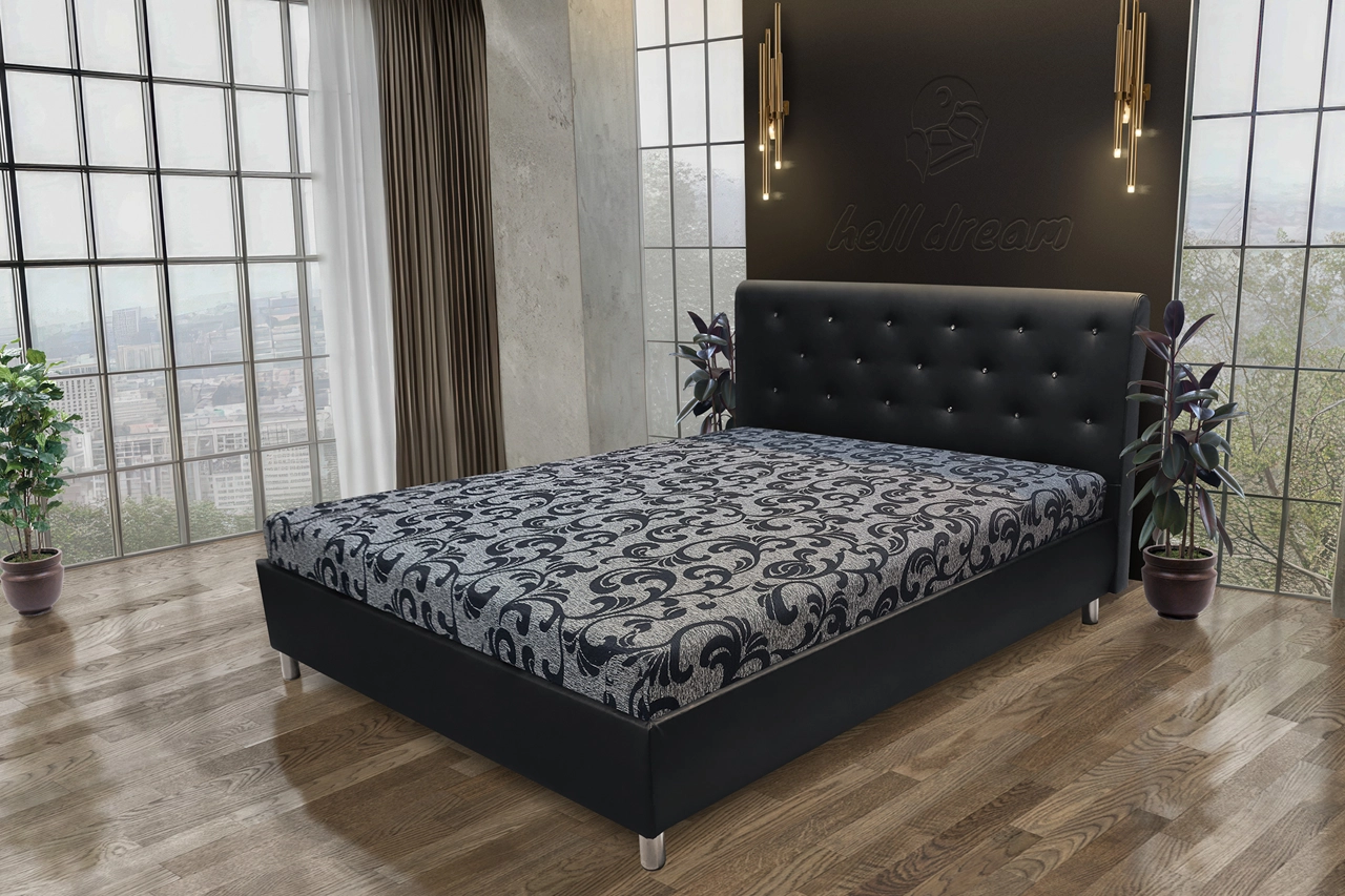 Gyémánt franciaágy fekete bőr és fabia mintás szövet