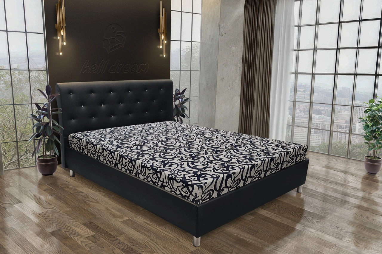 Gyémánt franciaágy fekete bőr és tosca mintás szövet