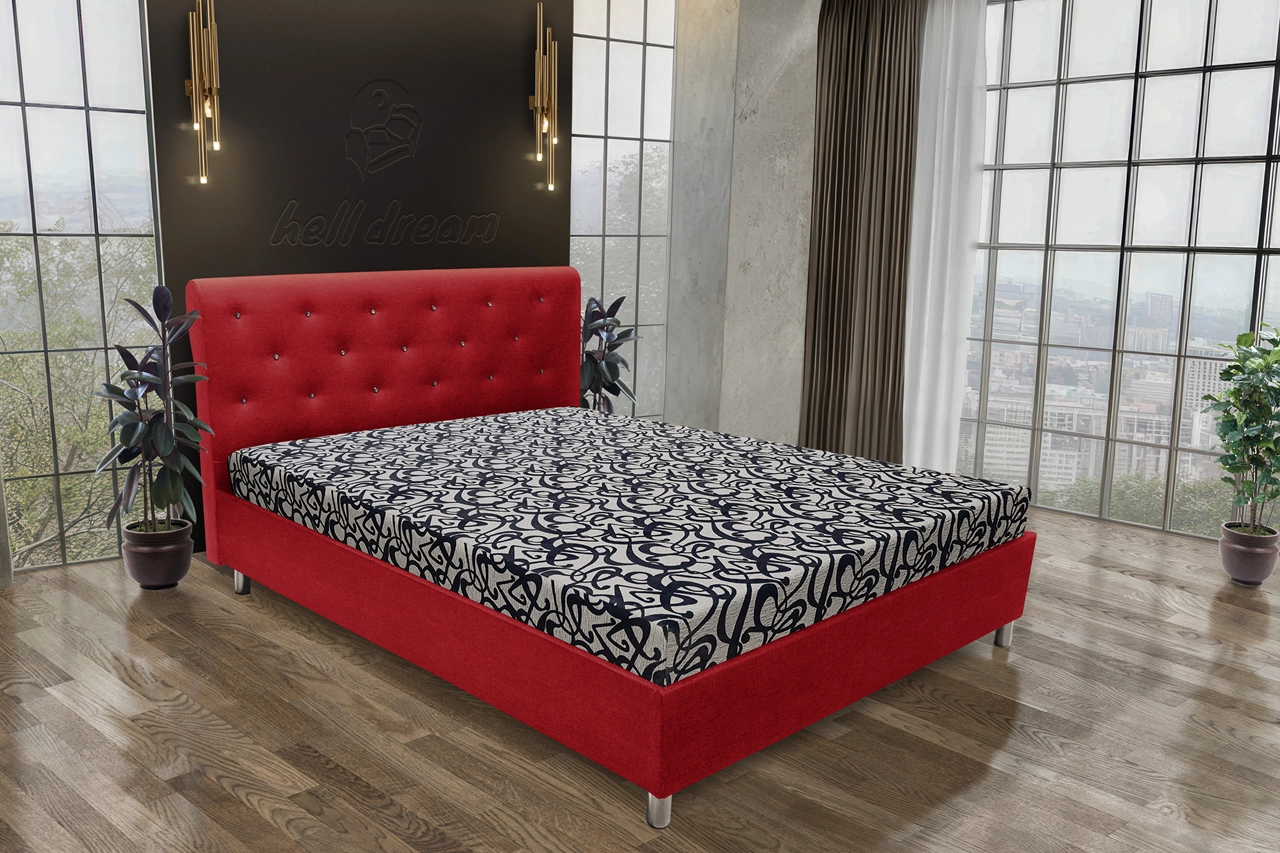 Gyémánt franciaágy japán karminvörös és tosca mintás szövet