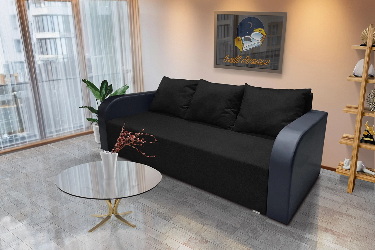 Joli ágyneműtartós ágyazható kanapé bőr kar fekete szövet