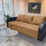 Joli ágyneműtartós ágyazható kanapé bőr kar okker szövet