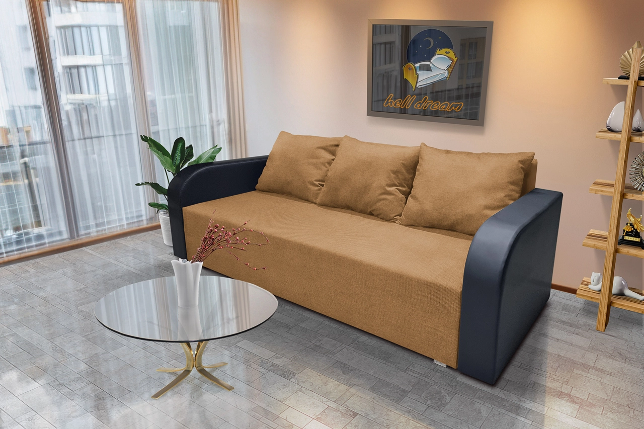 Joli ágyneműtartós ágyazható kanapé bőr kar okker szövet