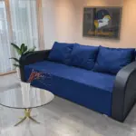 Léna kinyitható kanapé bőr kar mély búzavirágkék szövet