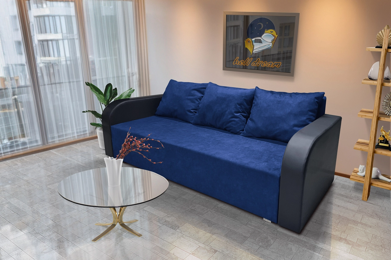 Léna kinyitható kanapé bőr kar mély búzavirágkék szövet