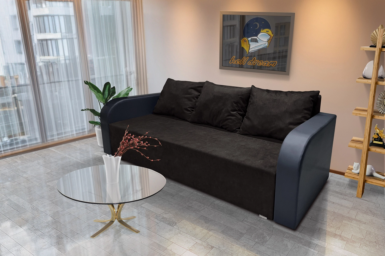 Léna kinyitható kanapé bőr kar sejtelmes fekete szövet