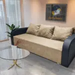 Léna kinyitható kanapé bőr kar szafarisárga szövet