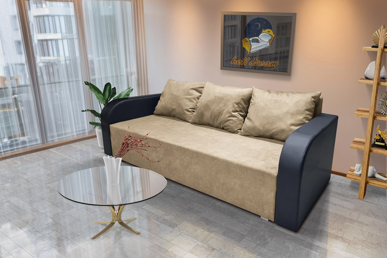 Léna kinyitható kanapé bőr kar szafarisárga szövet