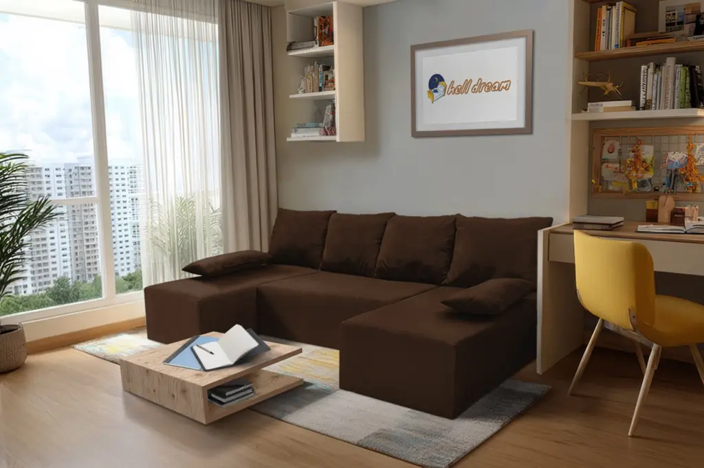 Picúr u alakú sarokkanapé sötét mahagóni szövet