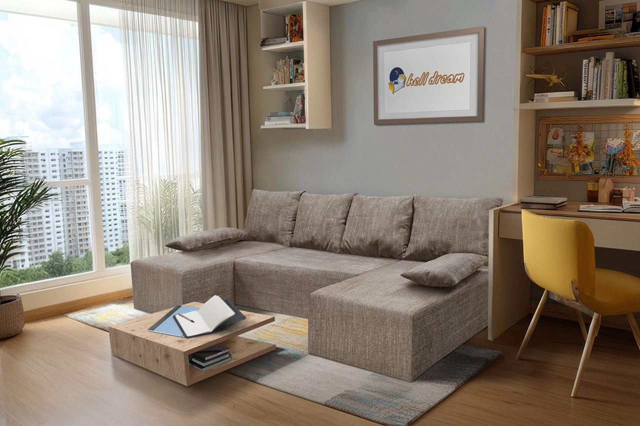 Picúr U alakú sarokkanapé világos barna zsákszövet