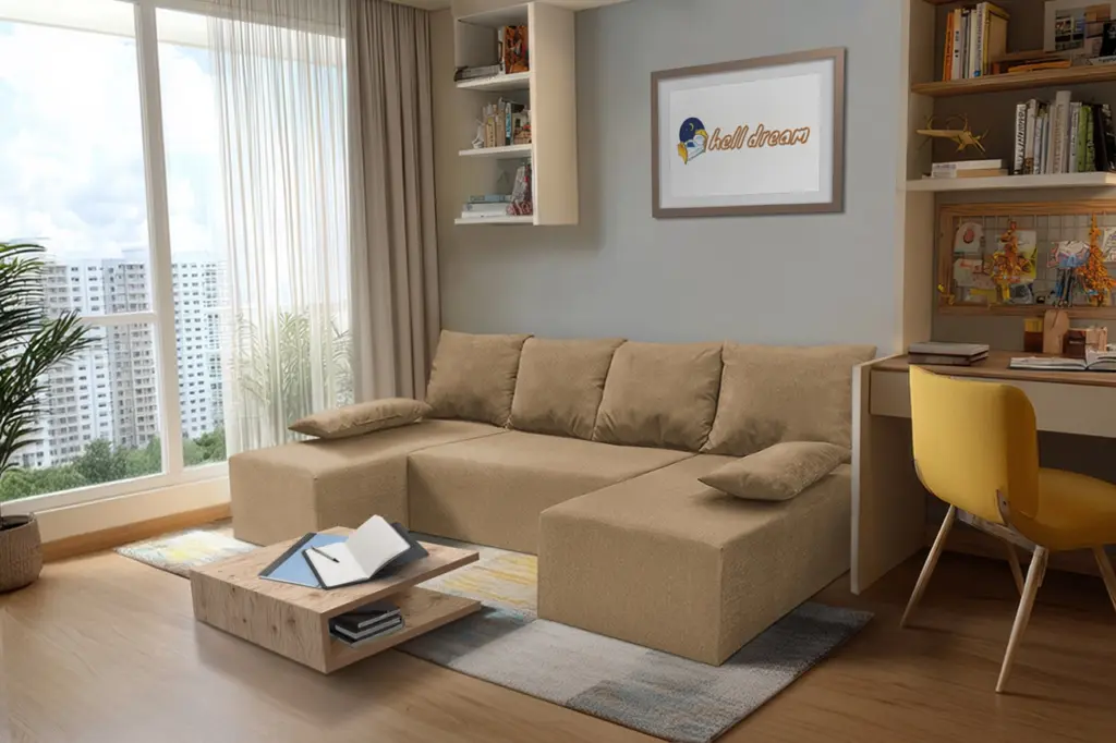 Picúr u alakú sarokkanapé világos fahéj szövet