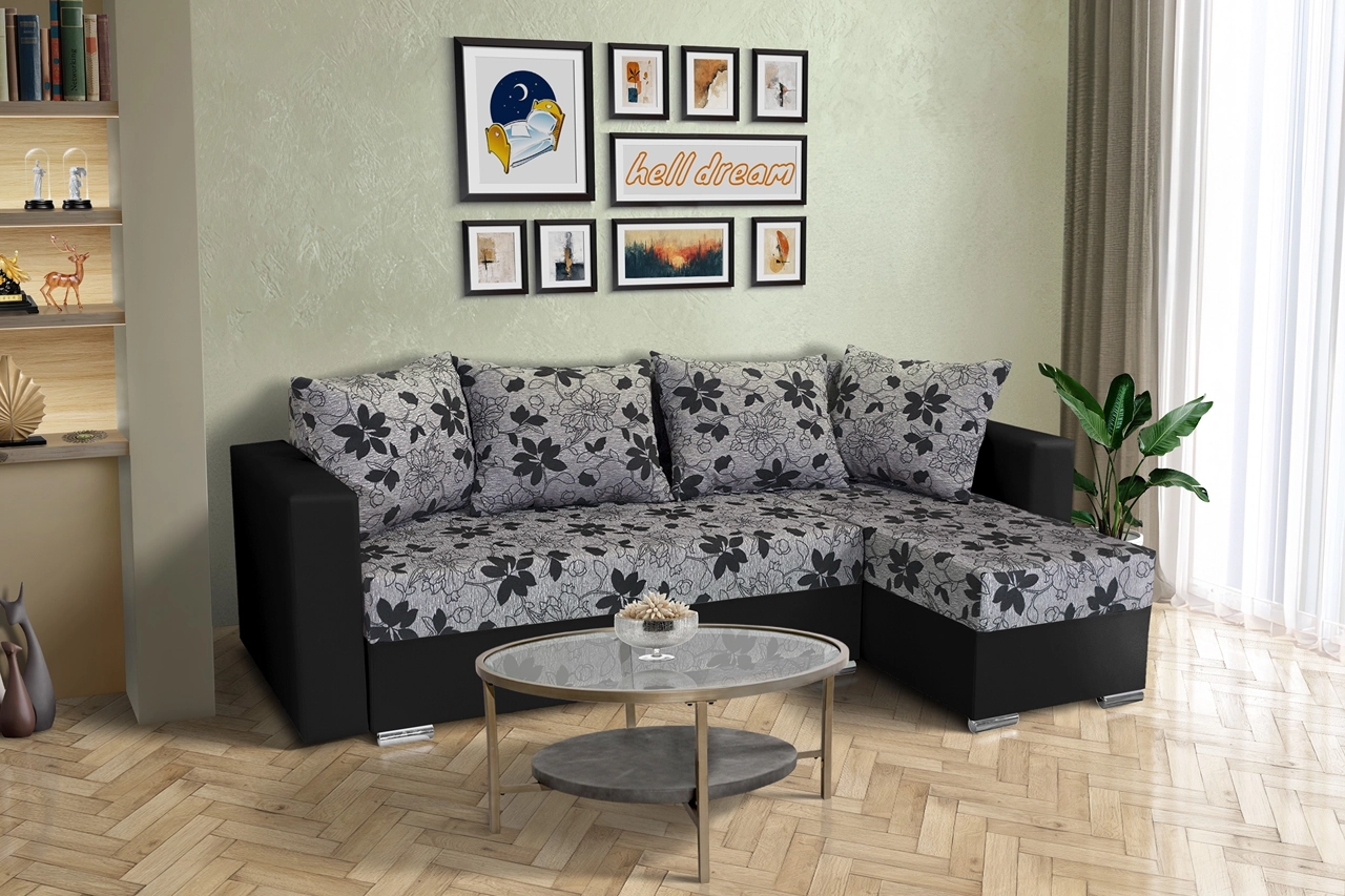 Virág ágyazható sarokülő fekete bőr Aroba virágos szövet