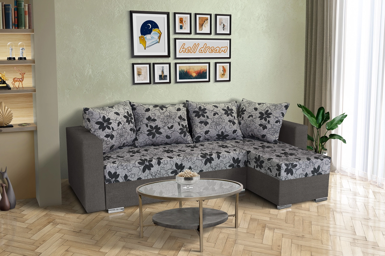 Virág ágyazható sarokülő kvarcszürke és Aroba virágos szövet