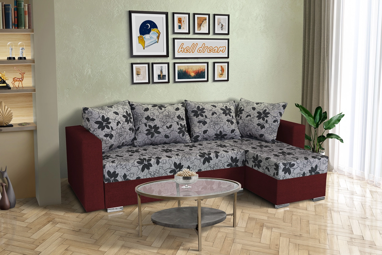 Virág ágyazható sarokülő ódon borvörös és Aroba virágos szövet