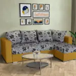 Virág ágyazható sarokülő őszarany és Aroba virágos szövet