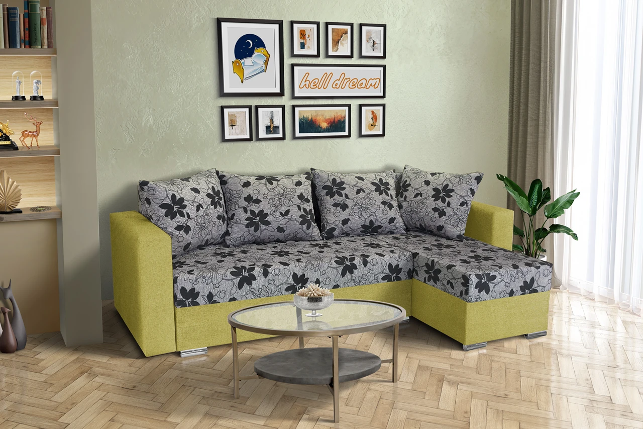 Virág ágyazható sarokülő őszi levélzöld és Aroba virágos szövet