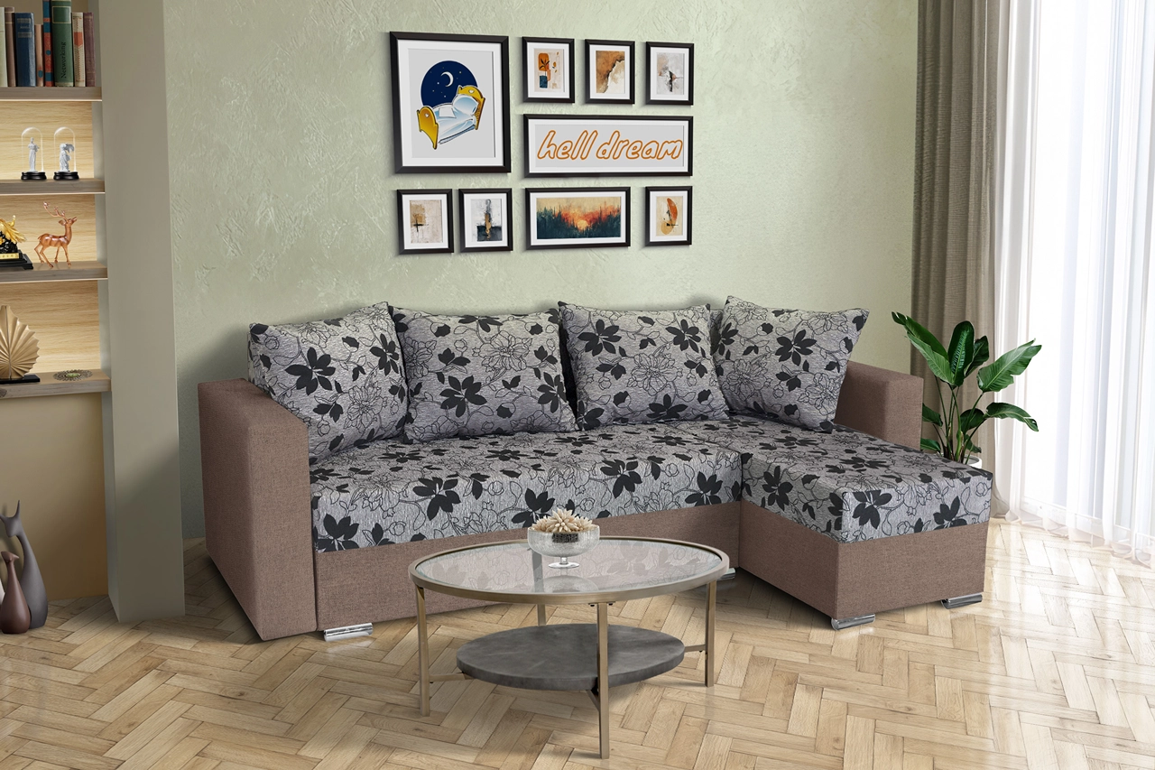 Virág ágyazható sarokülő pasztell taupe és Aroba virágos szövet