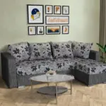 Virág ágyazható sarokülő sötét szürke zsákszövet és Aroba virágos szövet