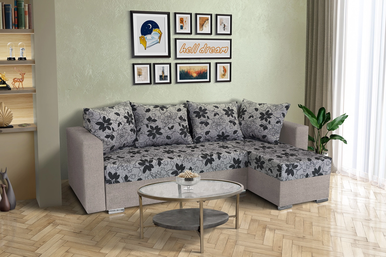 Virág ágyazható sarokülő szamárszürke és Aroba virágos szövet