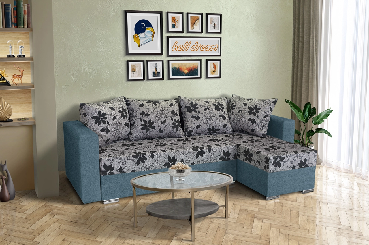 Virág ágyazható sarokülő szürkés kadét és Aroba virágos szövet