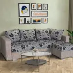 Virág ágyazható sarokülő világos barna zsákszövet és Aroba virágos szövet