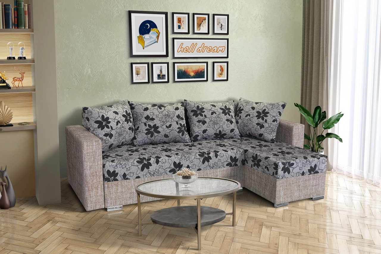 Virág ágyazható sarokülő világos barna zsákszövet és Aroba virágos szövet