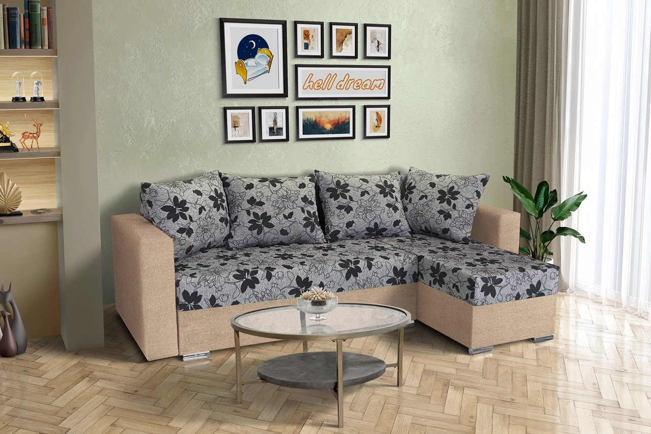 Virág ágyazható sarokülő világos fahéj és Aroba virágos szövet