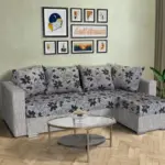 Virág ágyazható sarokülő világos szürke zsákszövet és Aroba virágos szövet