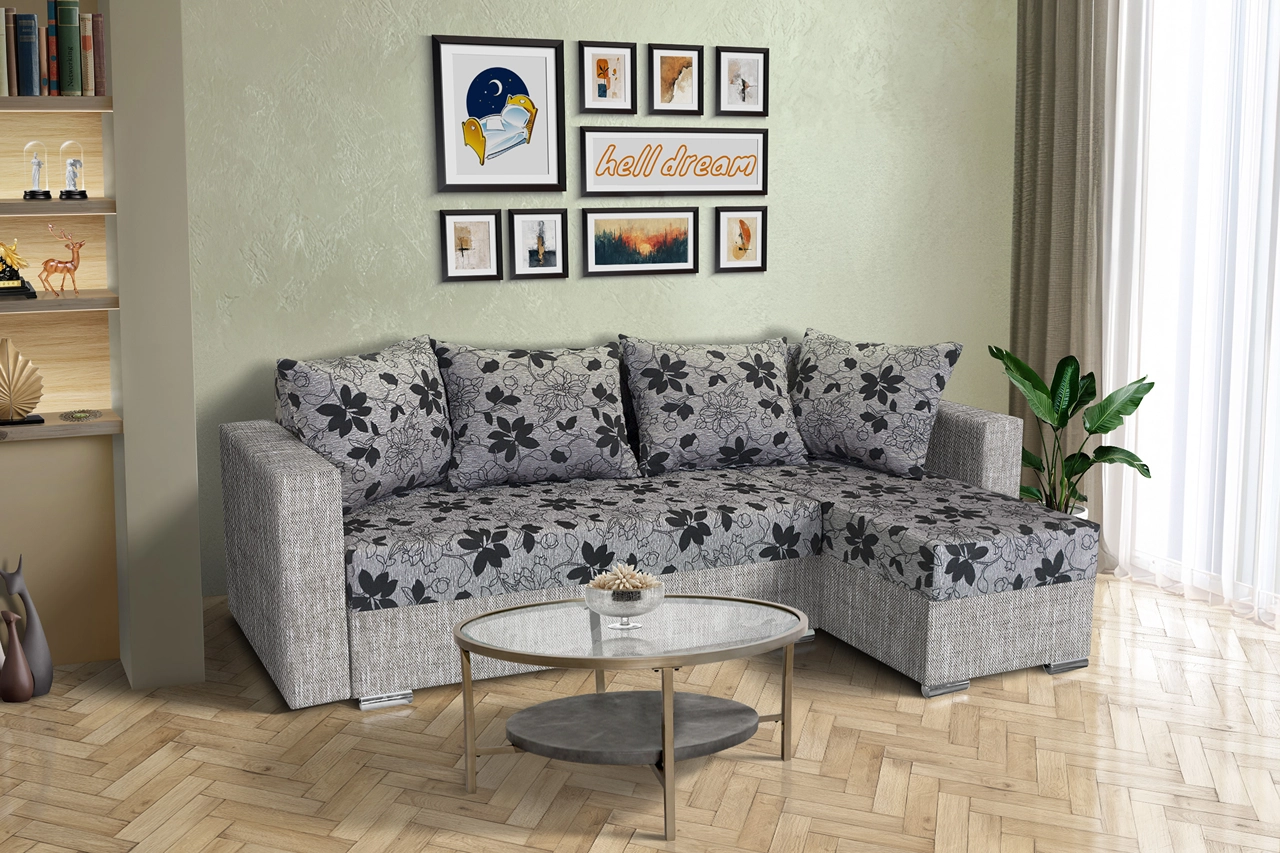 Virág ágyazható sarokülő világos szürke zsákszövet és Aroba virágos szövet