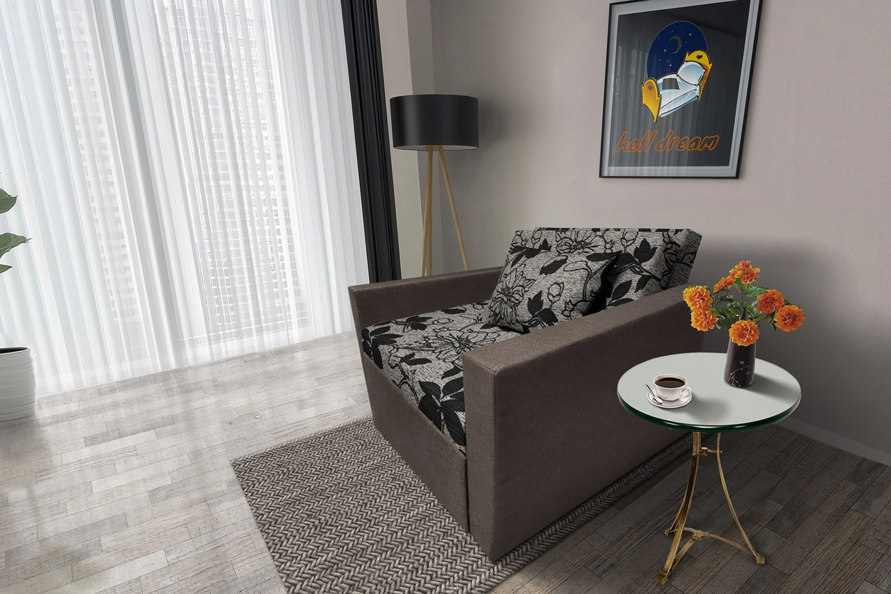 Virág ágyneműtartós fotelágy mély földszürke szövet