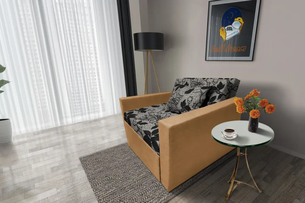 Virág ágyneműtartós fotelágy okker szövet