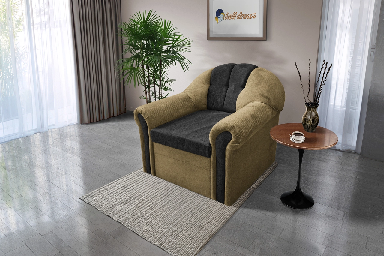 Alíz 1-es fotel sötét sivatagsárga és bivalyfekete