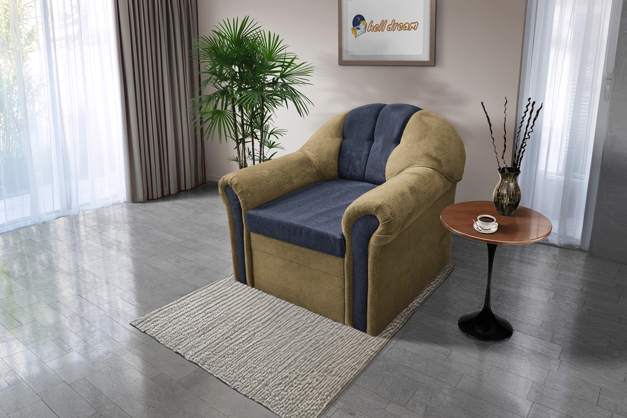 Alíz 1-es fotel sötét sivatagsárga és sötét palakék