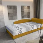 Elefántos saroktámlás heverő ágyneműtartóval őszarany és elefántos egyszemélyes ágy