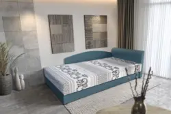 Elefántos saroktámlás heverő ágyneműtartóval szürkés kadét