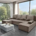 Lilla U alakú sarokkanapé világos barna zsákszövet