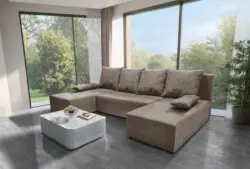 Lilla U alakú sarokkanapé világos barna zsákszövet