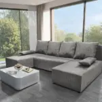 Lilla U alakú sarokkanapé világos szürke zsákszövet