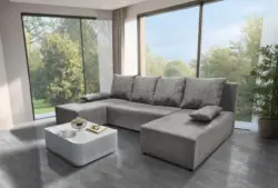 Lilla U alakú sarokkanapé világos szürke zsákszövet