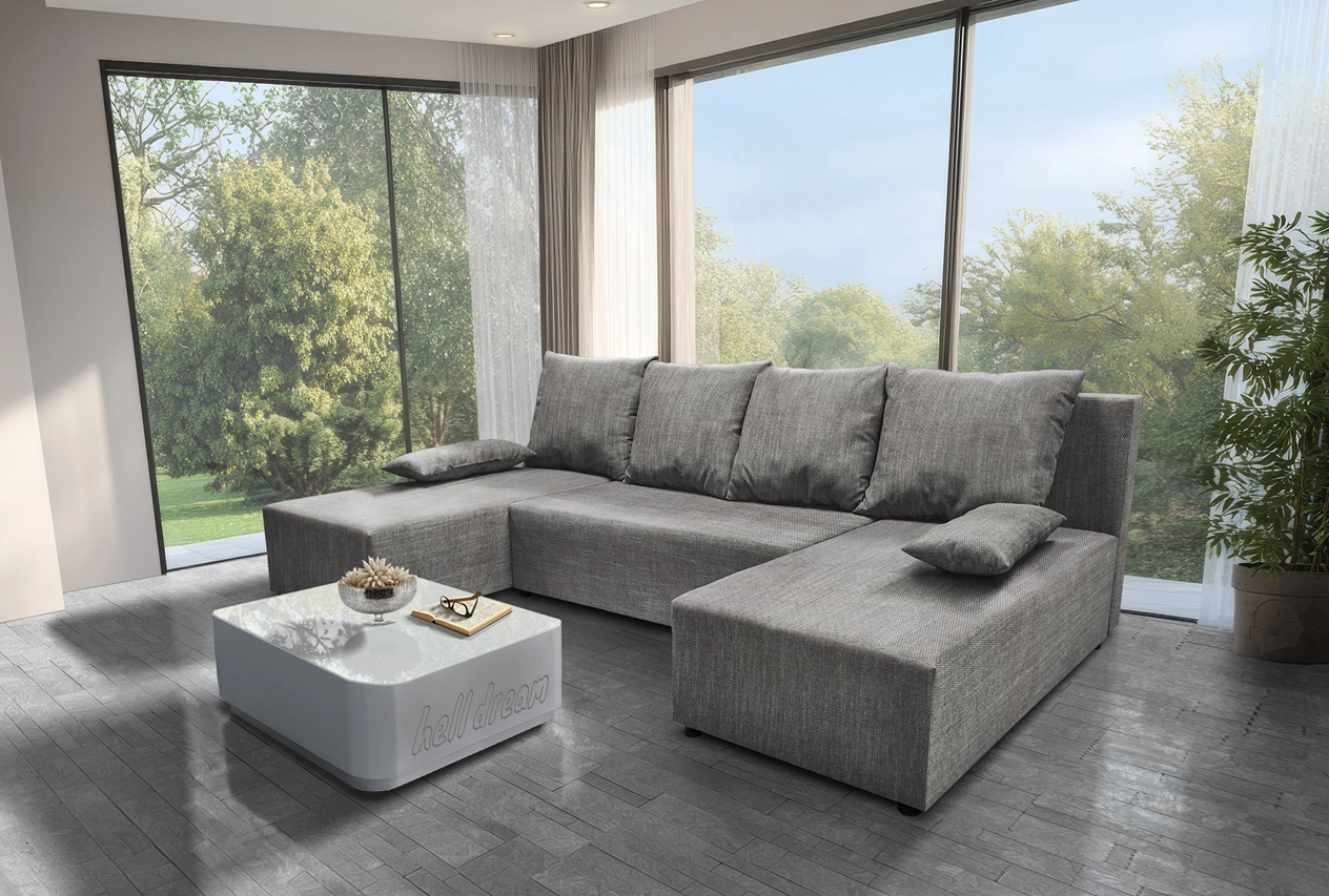 Lilla U alakú sarokkanapé világos szürke zsákszövet