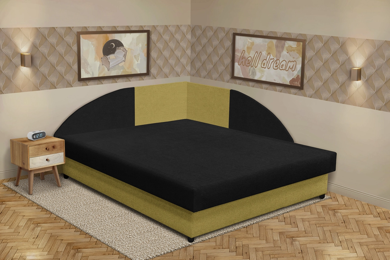 Zsanett saroktámlás franciaágy száraz olíva és fekete szövet Zsanett saroktámlás franciaágy száraz olíva és fekete szövet