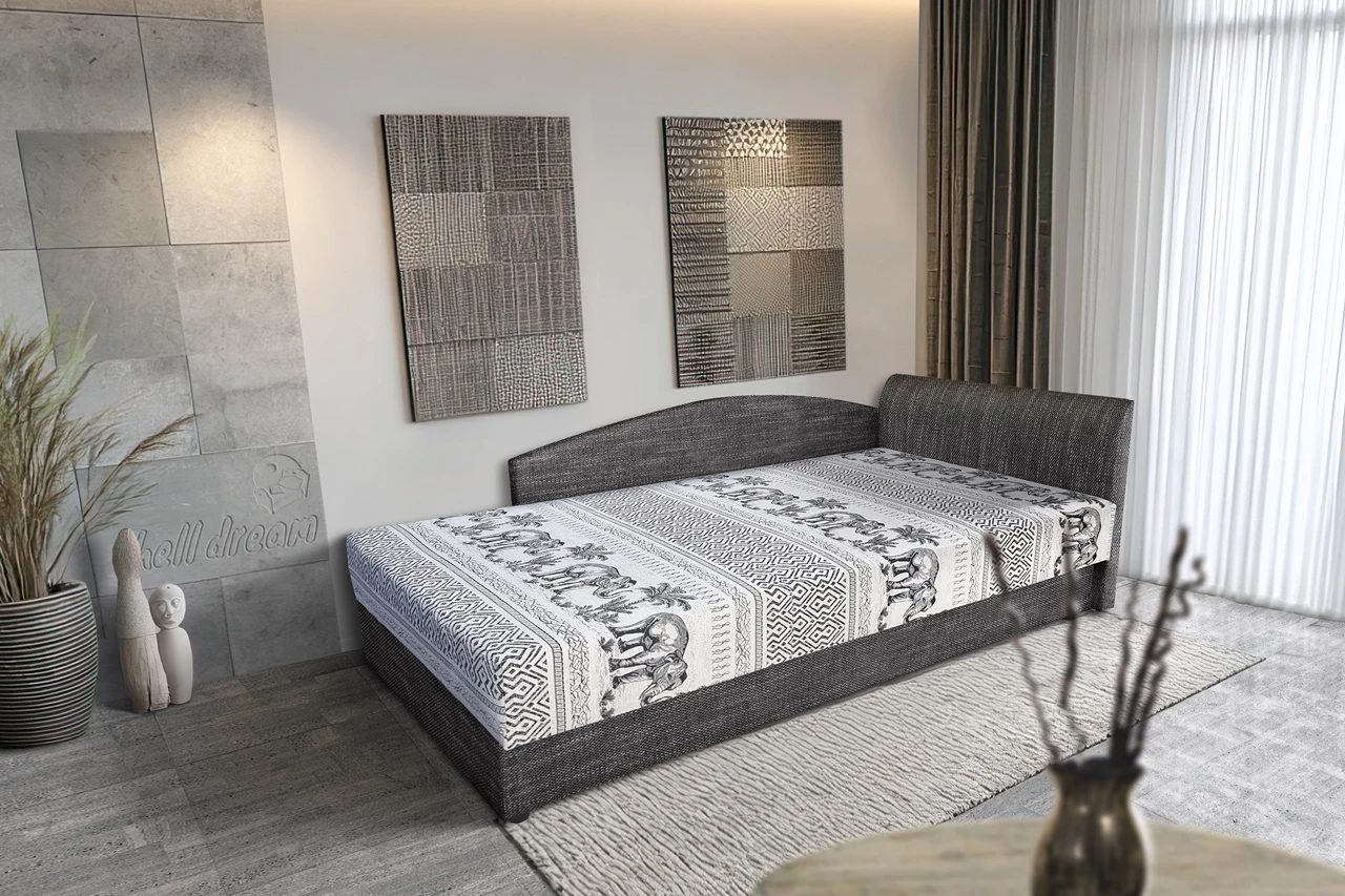 Elefántos saroktámlás heverő ágyneműtartóval sötét szürke zsákszövet