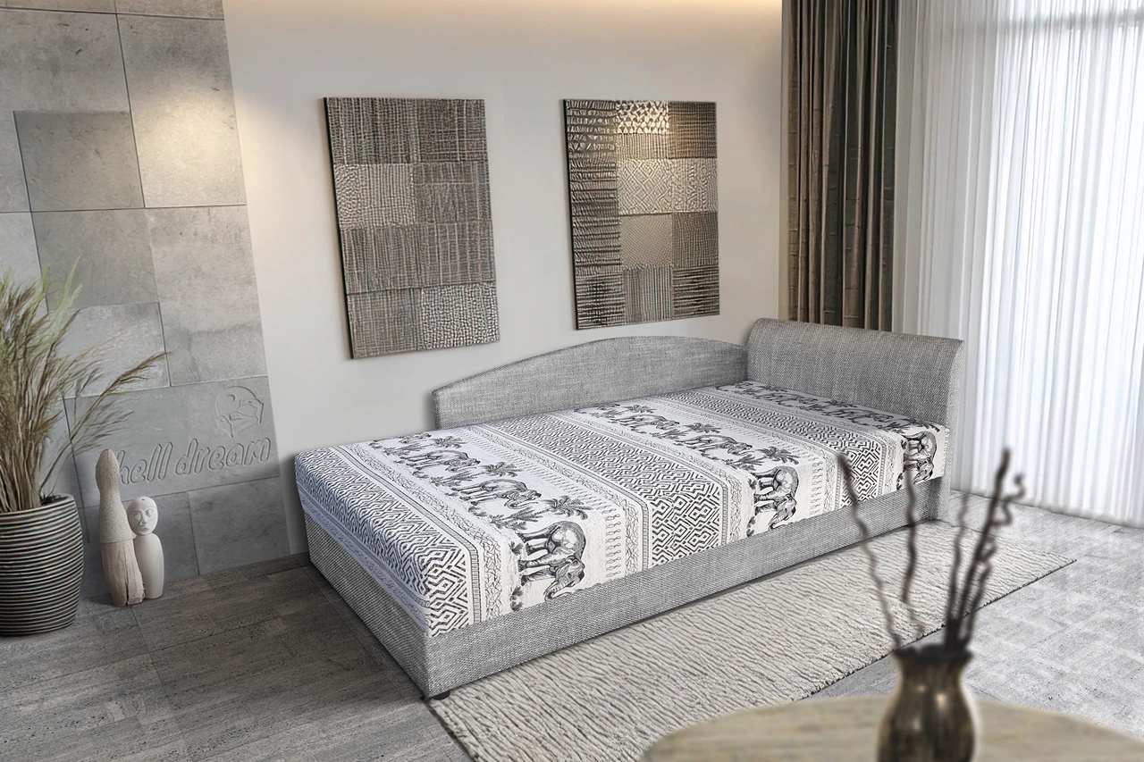 Elefántos saroktámlás heverő ágyneműtartóval világos szürke zsákszövet